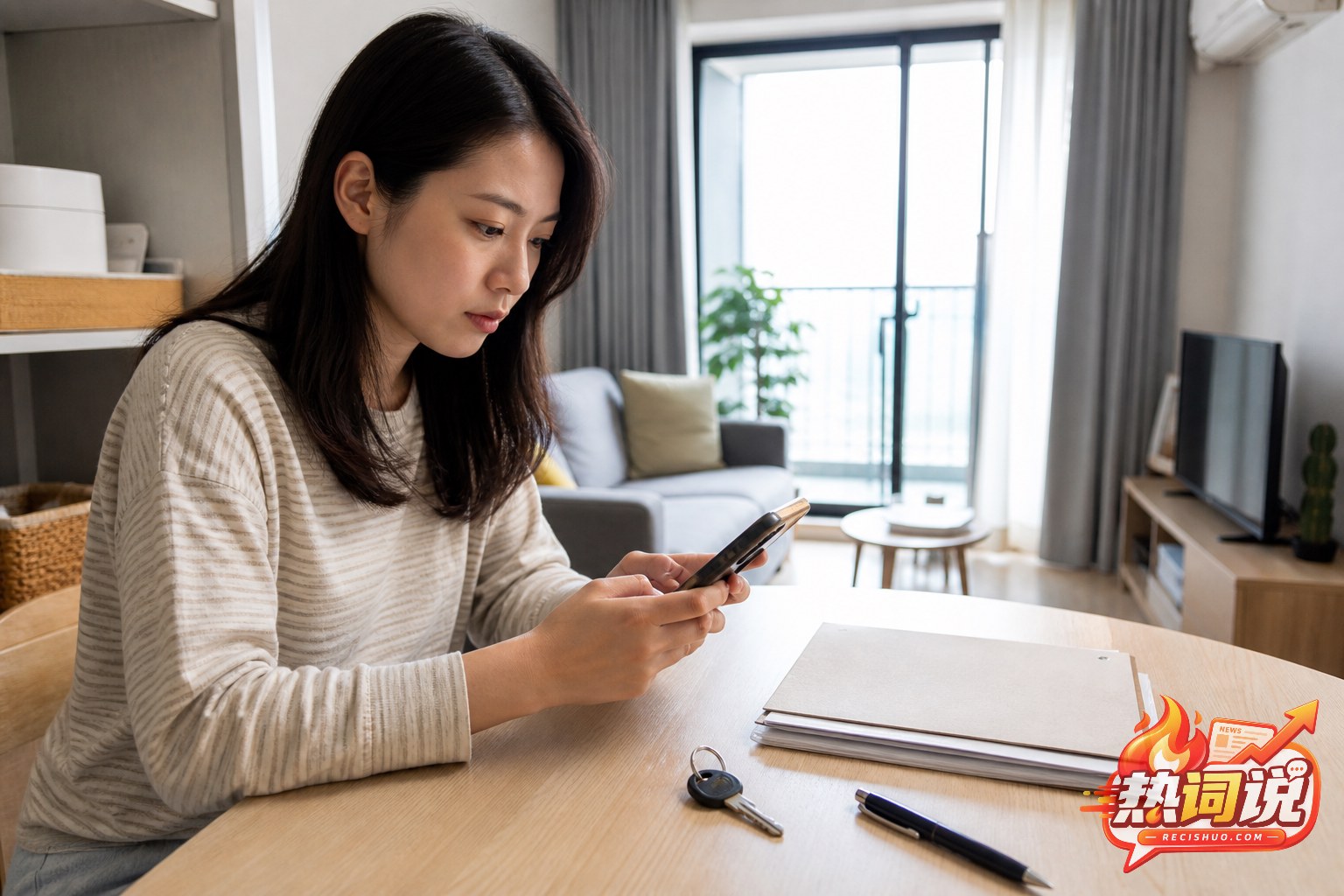 年轻租客在公寓内用手机核对住房支出和提取事项
