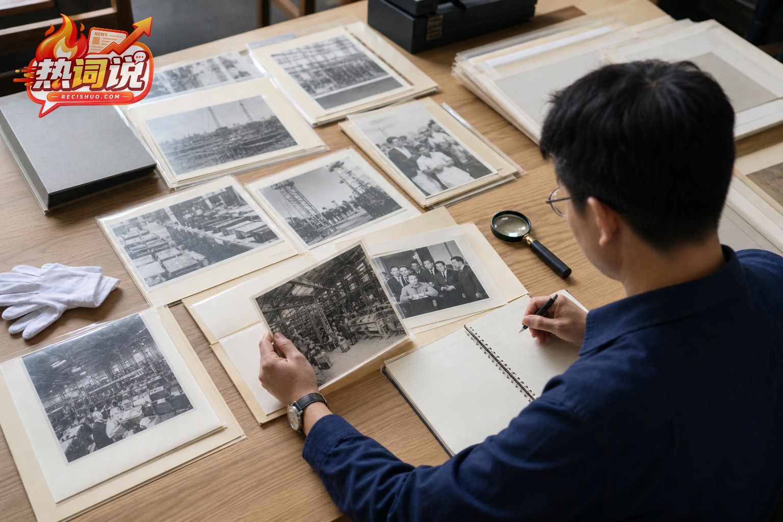 研究人员在档案阅览室核对历史照片与年代资料的编辑配图