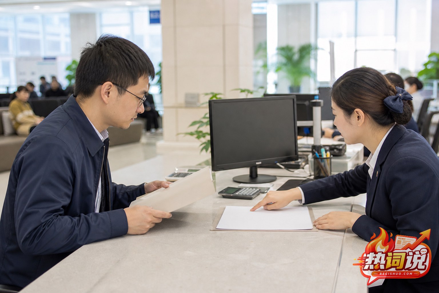 办事人员在住房公积金服务窗口向缴存人讲解申请材料