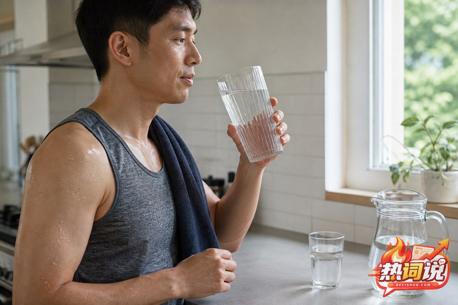 运动后男子拿着大杯水稍作停顿,台面上另有小水杯和水壶