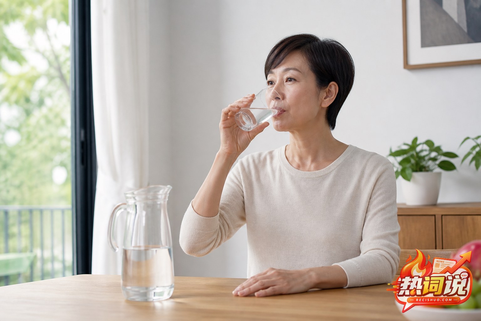 一名女士在明亮的家中从容饮用常温白水,桌上放着透明水壶
