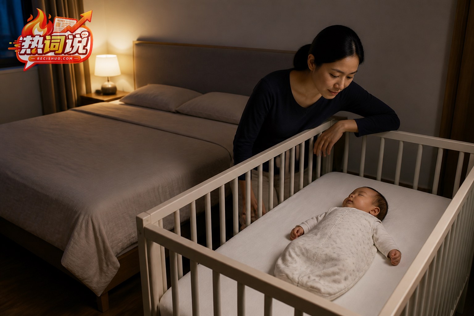 夜间家庭卧室内,婴儿仰卧在独立婴儿床中,家长在床边查看睡眠情况