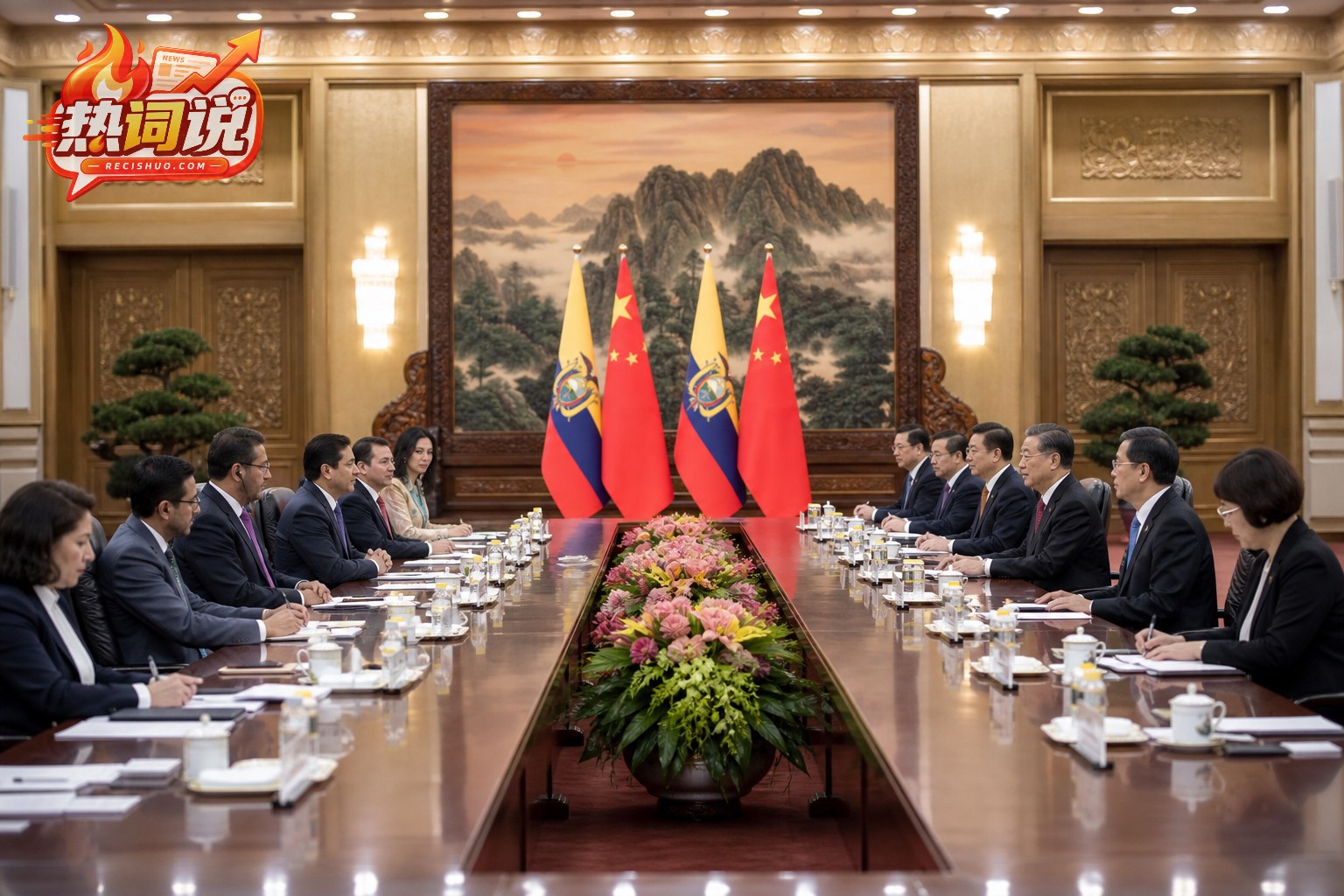 中厄两国代表团在正式会议厅举行会谈的新闻场景示意图