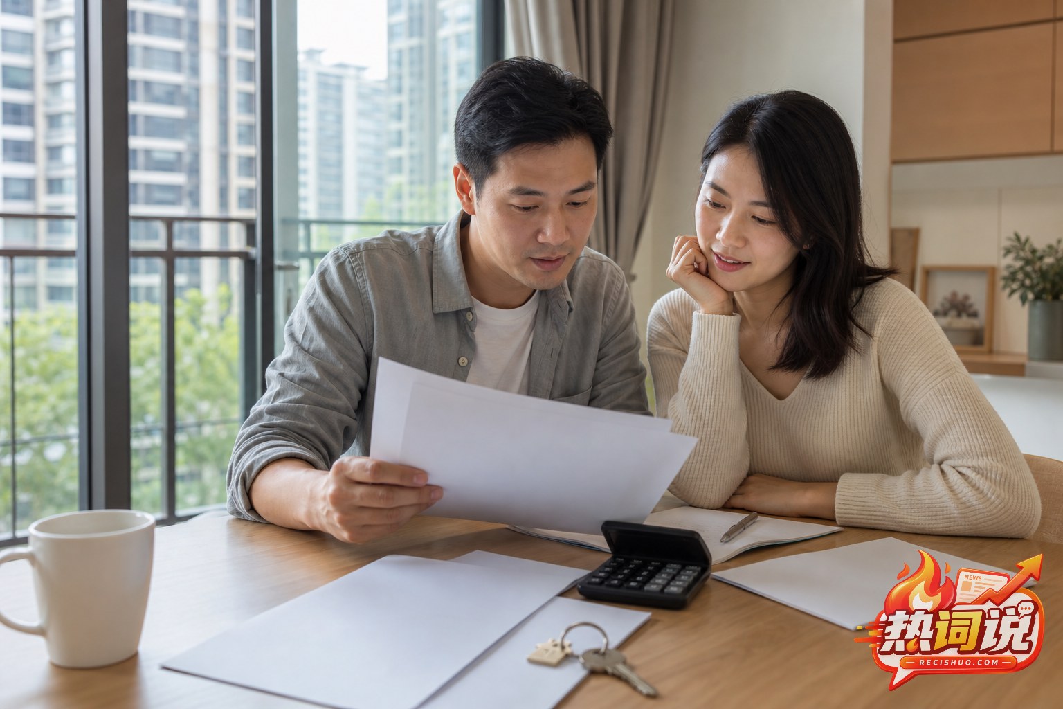 中国夫妻在家中查看住房资料并规划家庭财务