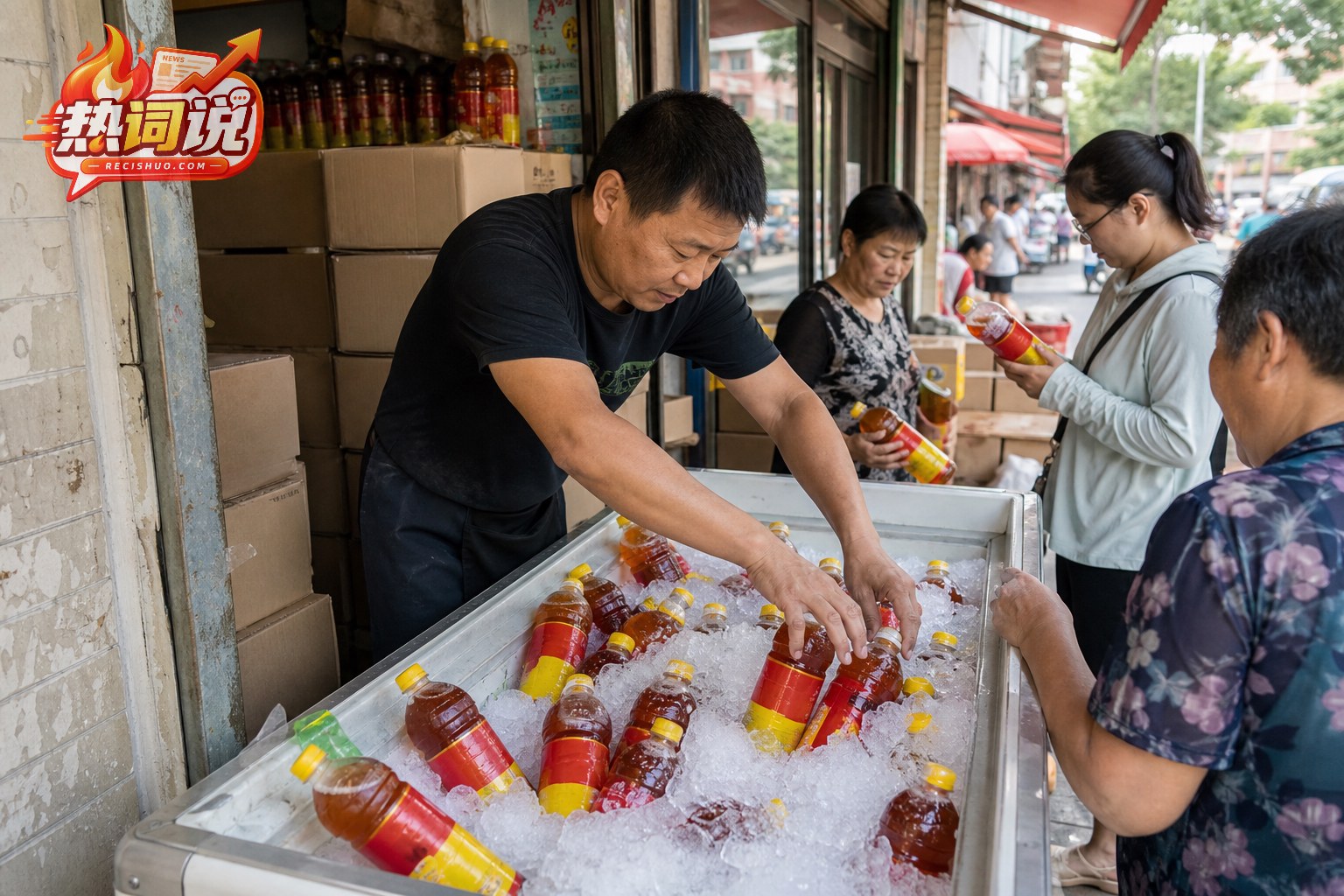 夏日街边商店为冰柜补充无品牌冰红茶饮料