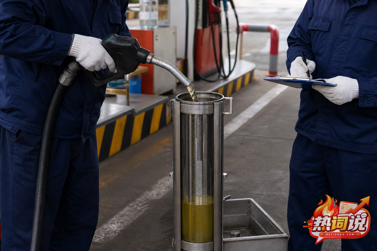 计量检定人员使用标准量器现场检查加油机出油量
