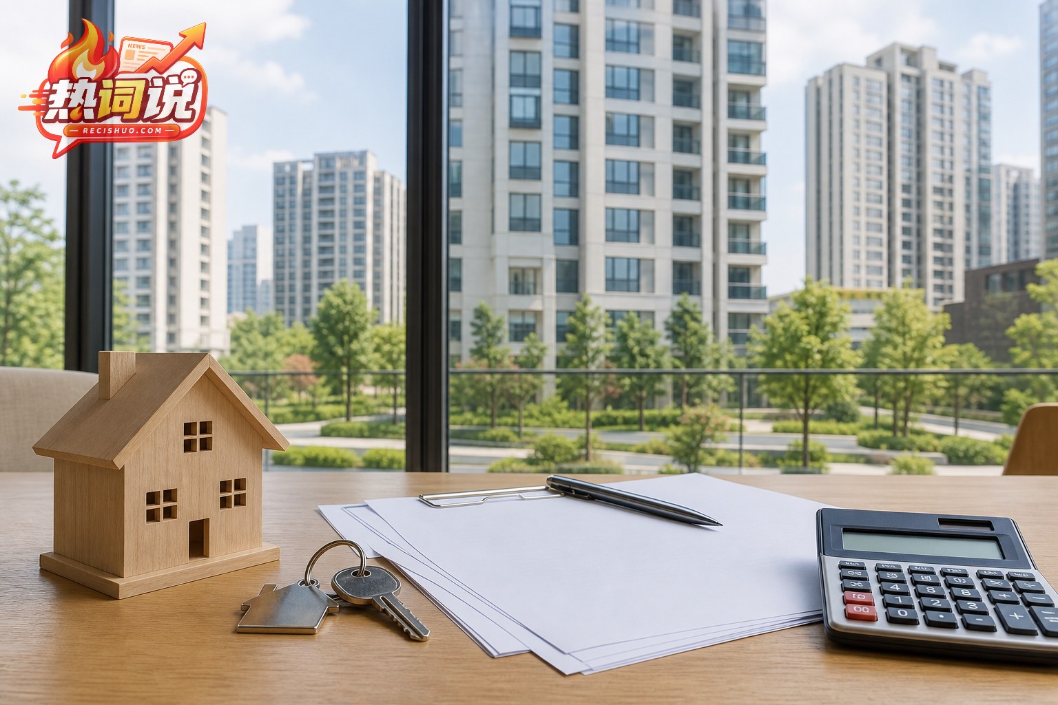 住宅小区背景前摆放房屋模型、钥匙、计算器和空白材料的公积金政策主题画面