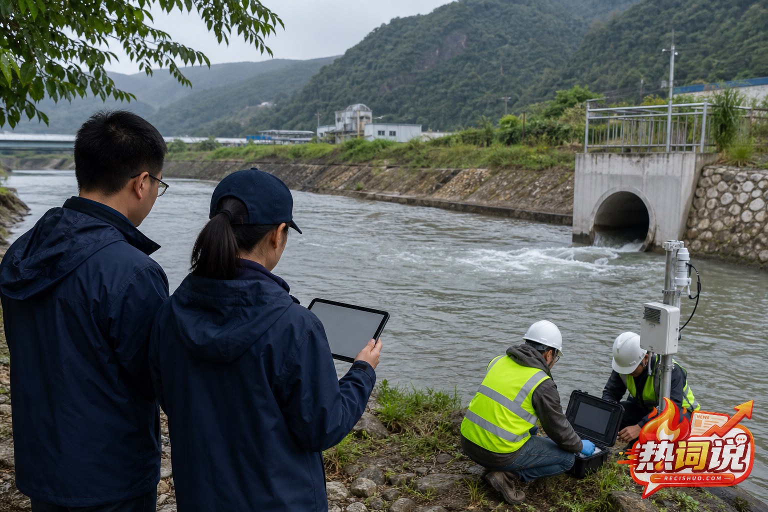 核查人员在河道排水口附近开展监测与整改复核