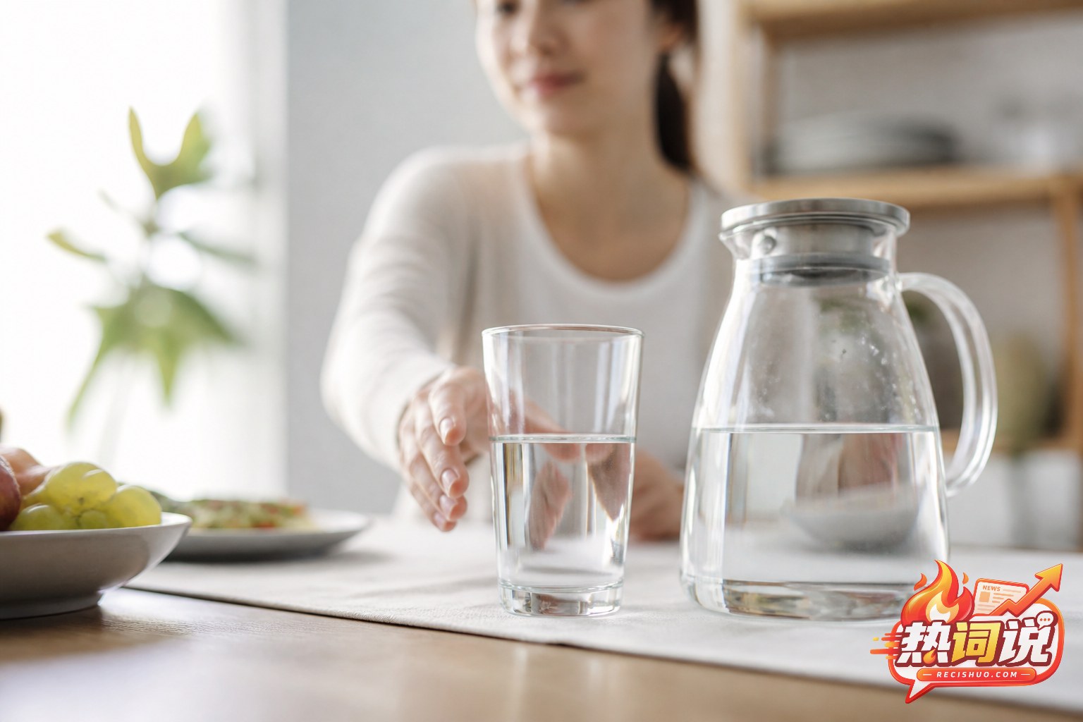 明亮家庭餐桌上的常温白开水、玻璃水壶与伸手取水的人