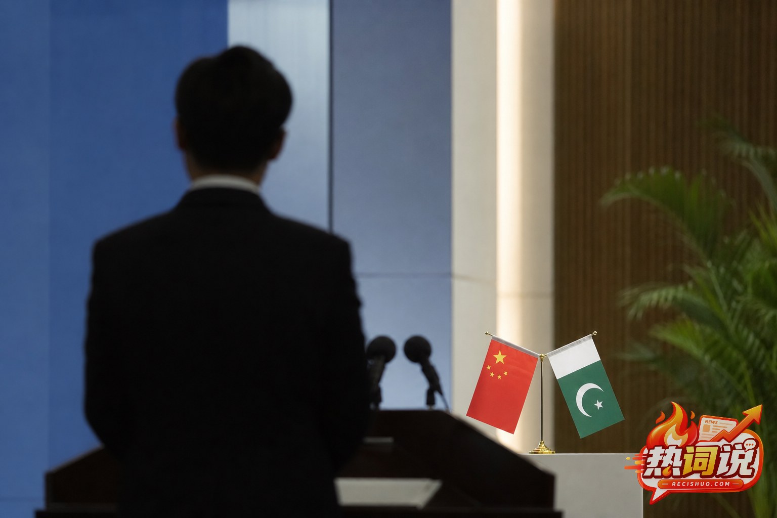 中巴两国桌旗与新闻发布会发言席构成的新闻场景