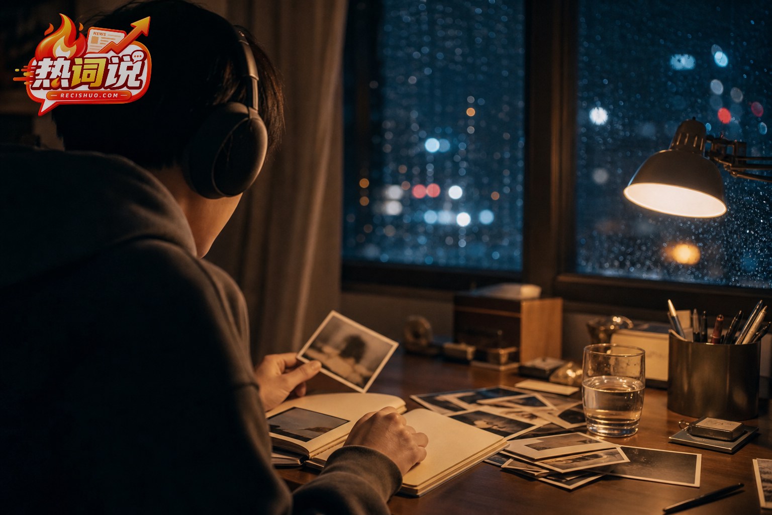 雨夜书桌前,年轻人戴着耳机整理照片与日记