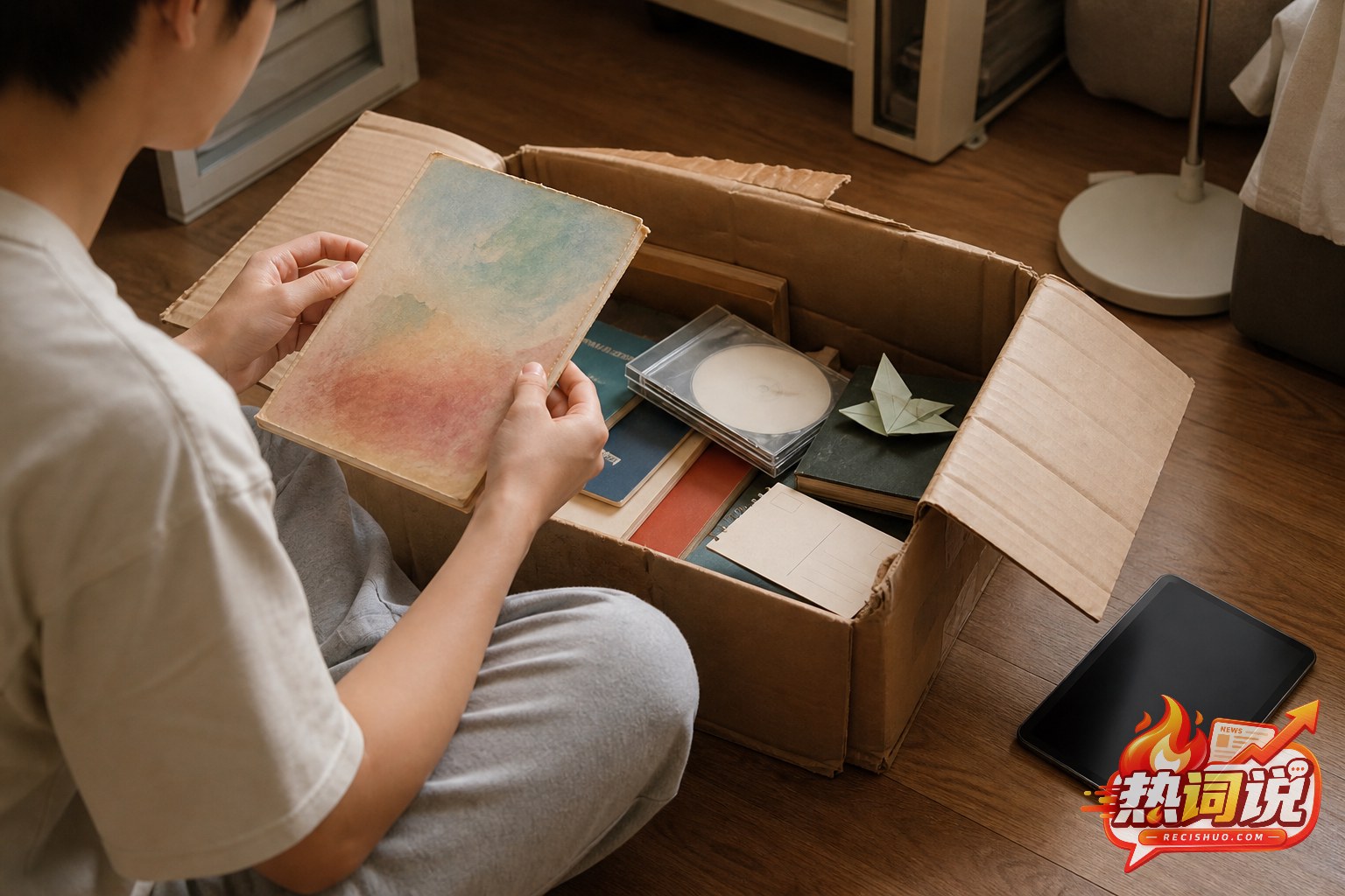 年轻人在旧纸箱中翻看画册、光盘盒和笔记本等童年收藏