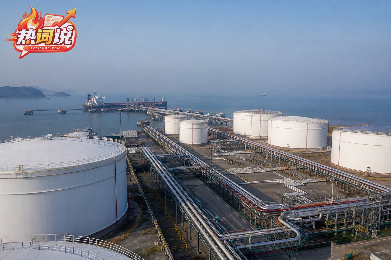 沿海原油储罐区、输油管线与远处油轮共同组成能源供应链场景