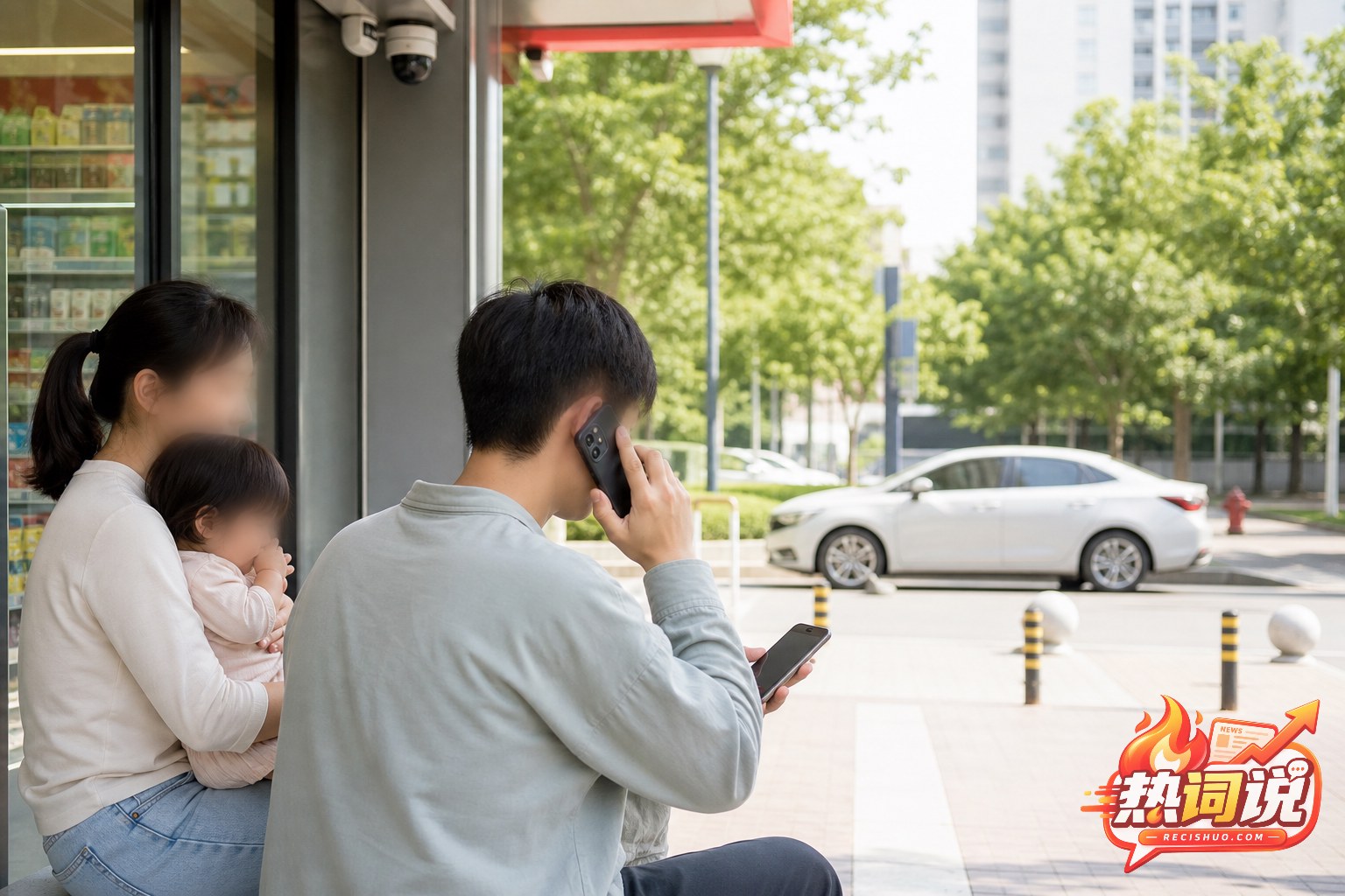 一家三口在有监控的公共场所拨打求助电话并照顾幼儿