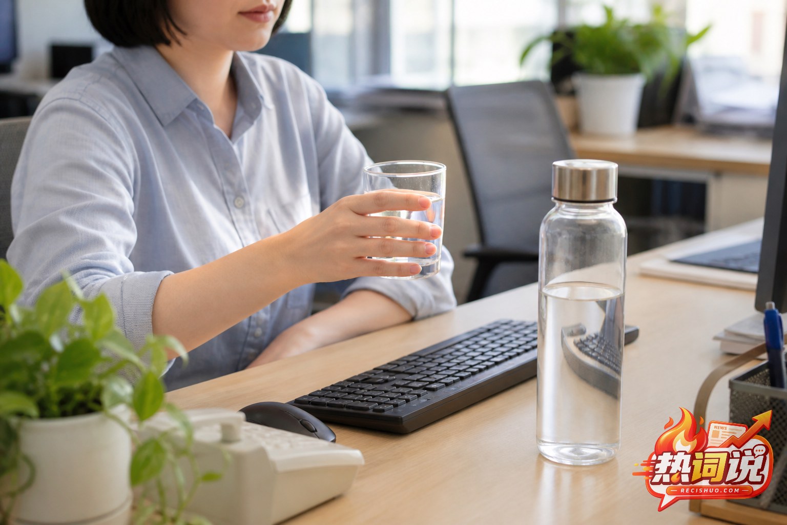 办公室职员在工作间隙拿起水杯,桌面放着便于随时补水的透明水瓶