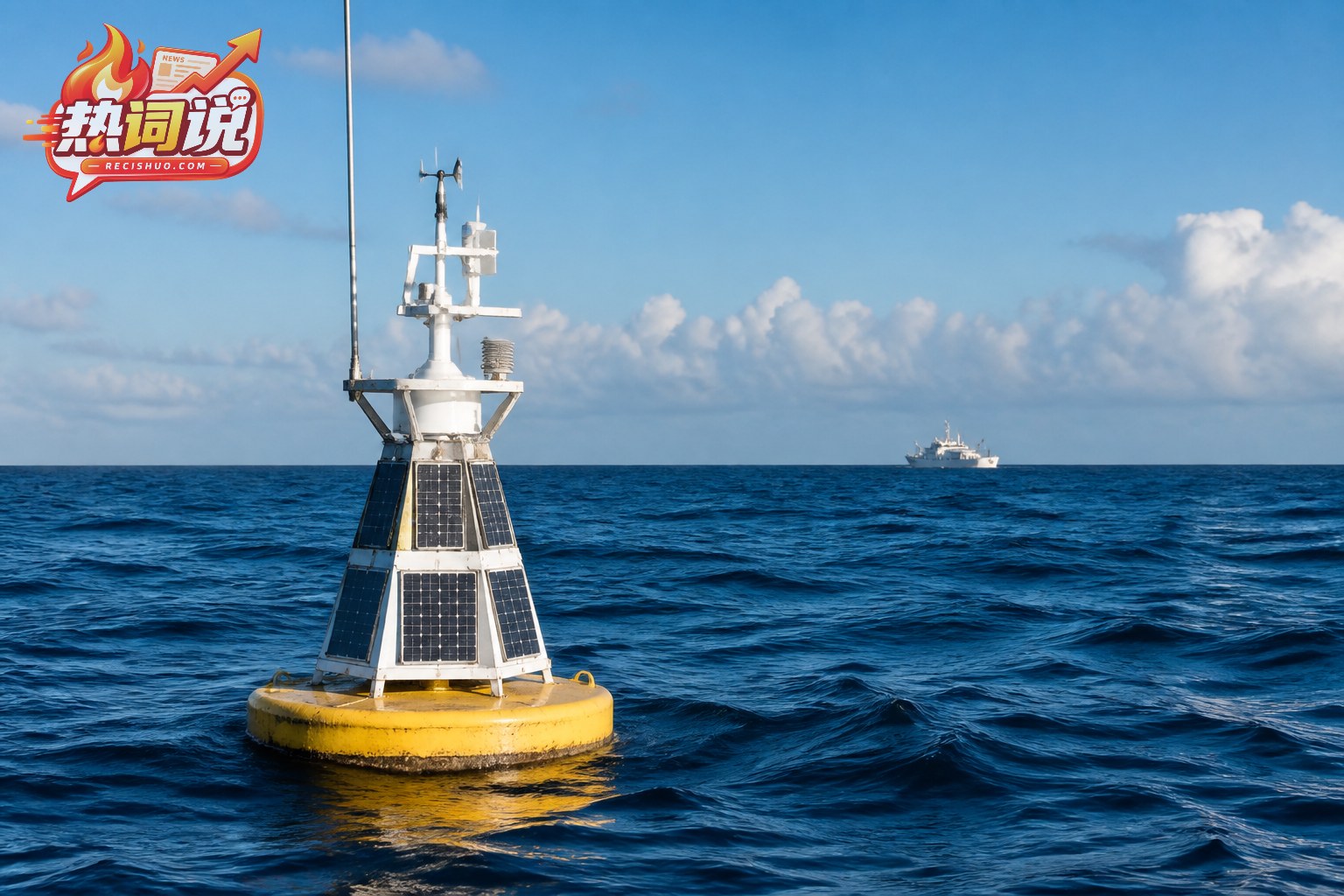热带太平洋海面上的气象观测浮标与远处科考船