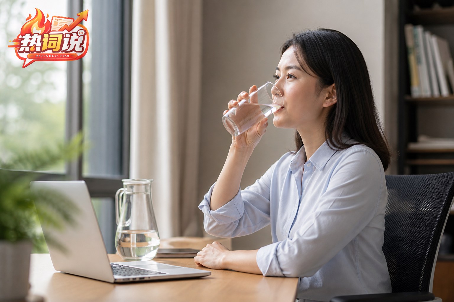 上班族在办公桌前用玻璃杯小口喝水