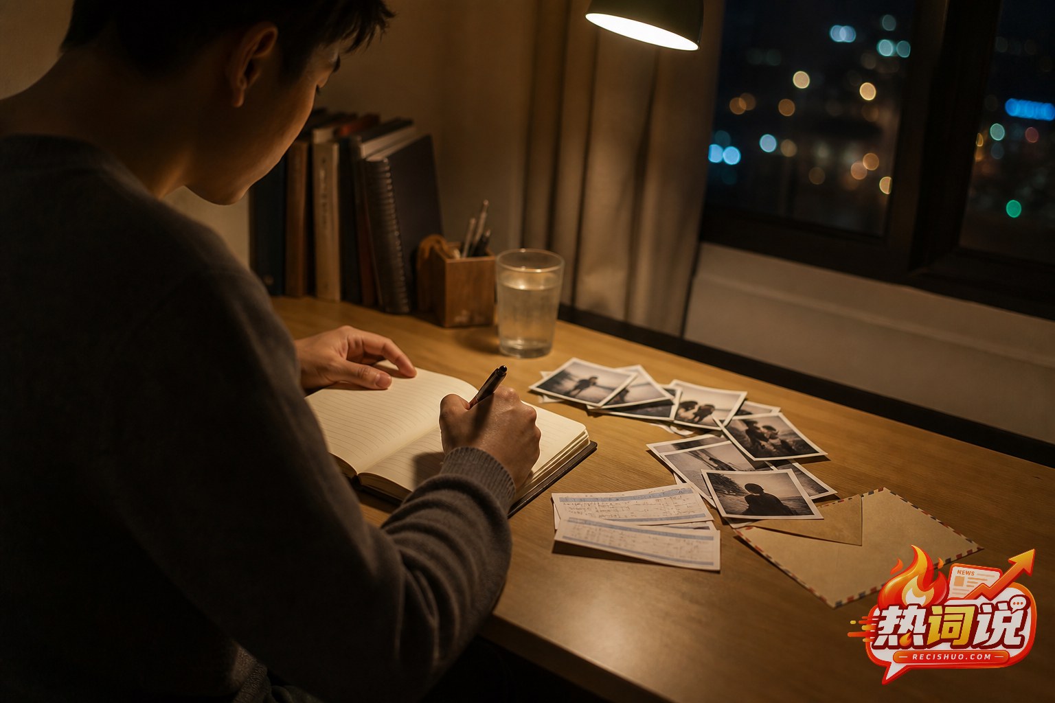 夜晚书桌前,一位年轻人借着台灯整理照片与票根并在笔记本中书写爱情故事