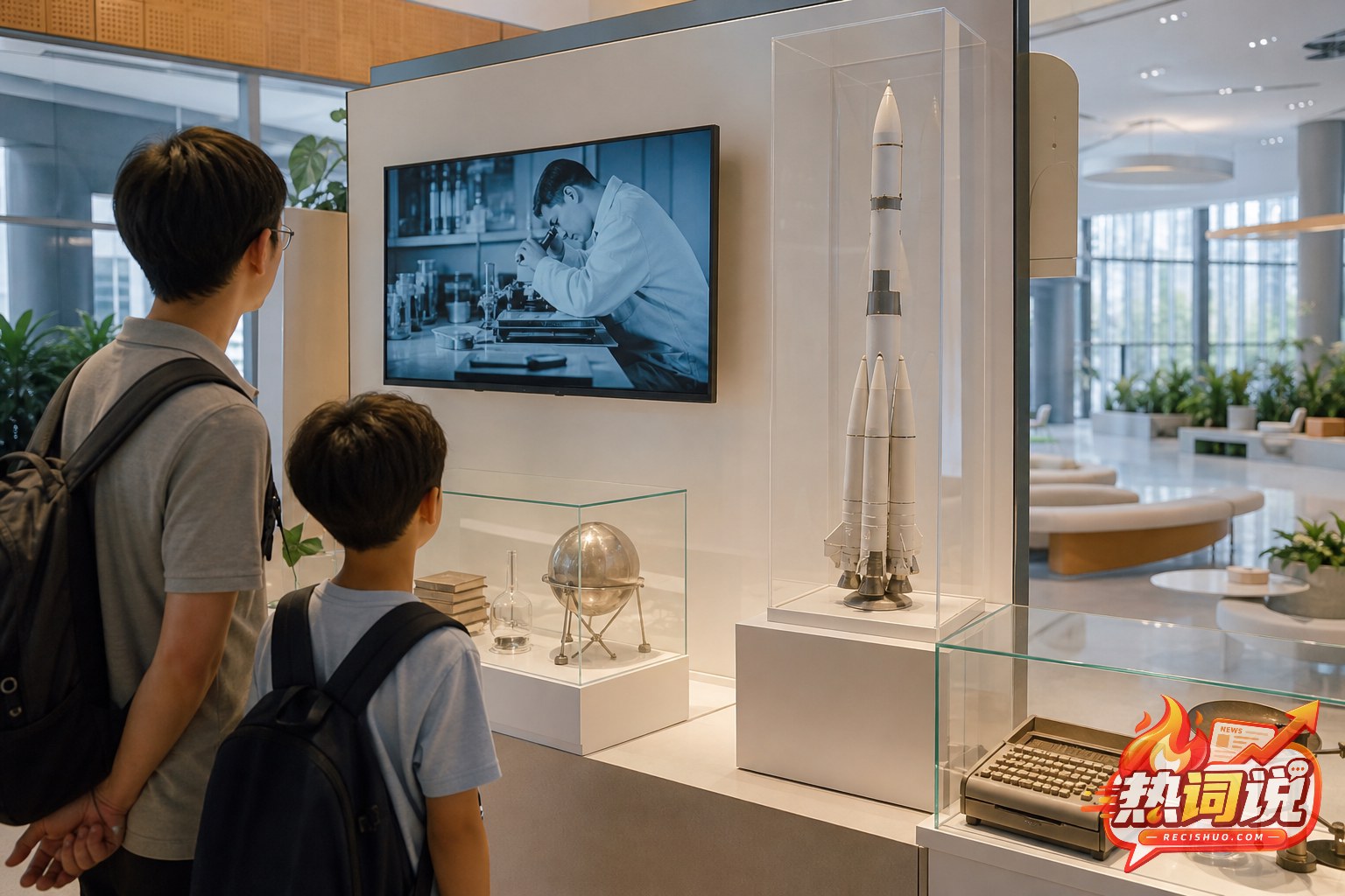 家长与孩子在商场公共展区观看火箭模型和科学实验影像的场景