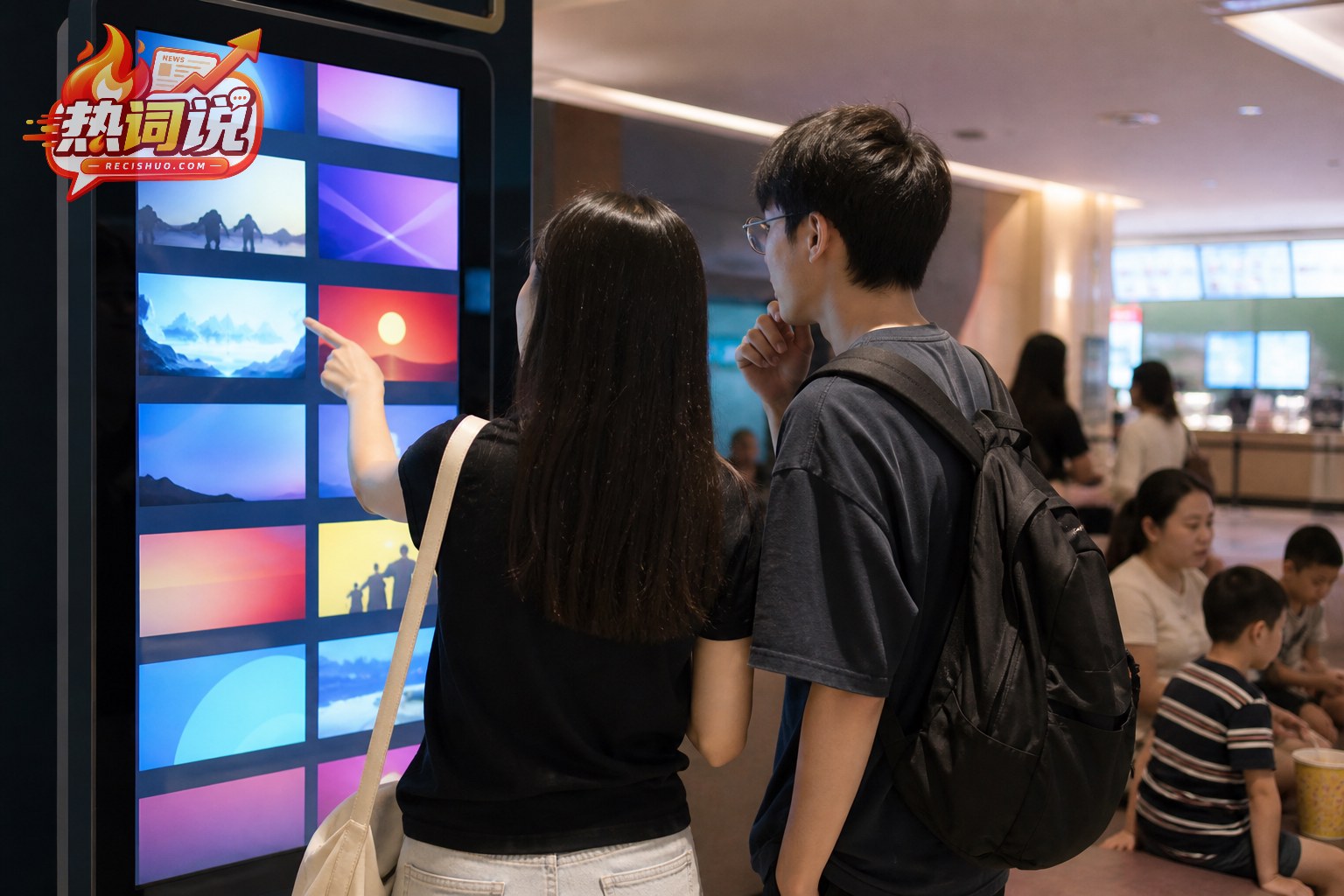 两位年轻观众在影院自助屏幕前比较不同类型的影片