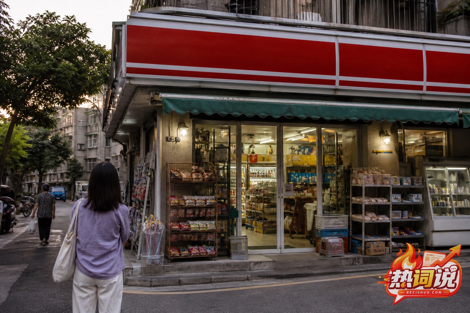 傍晚社区街角一家普通便利店的纪实外景