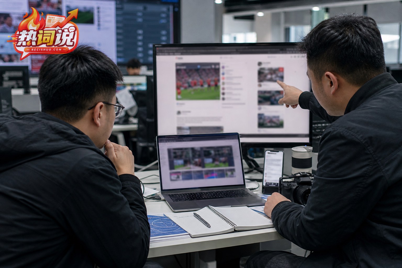 体育新闻编辑在工作台前交叉核验网络视频与公开消息