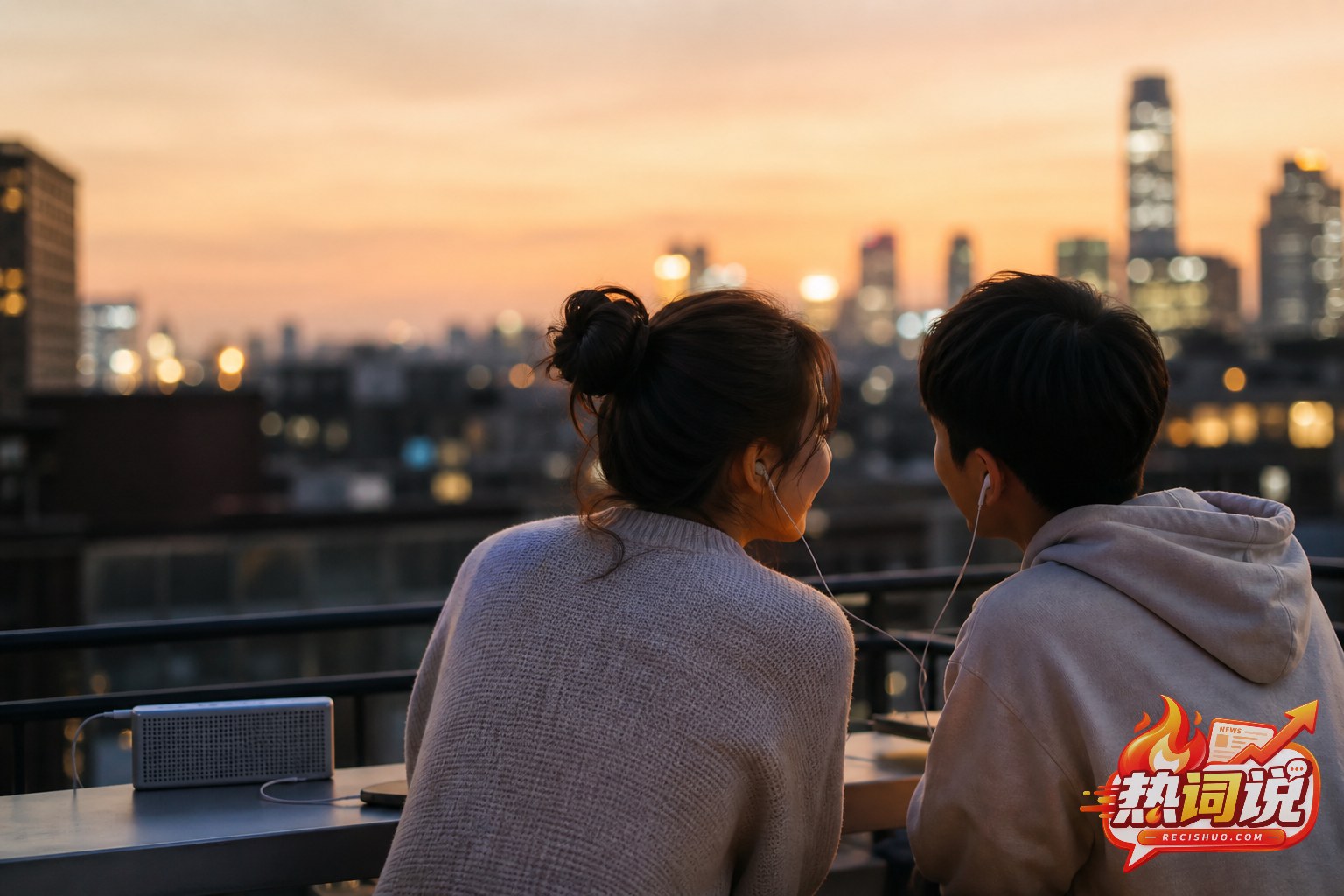 黄昏城市天台上,两位年轻人并肩用耳机听歌