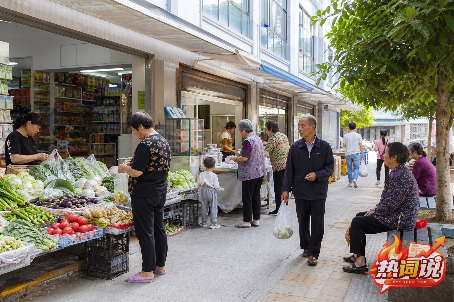 县城社区便民商业区内居民选购蔬菜和日常商品的场景