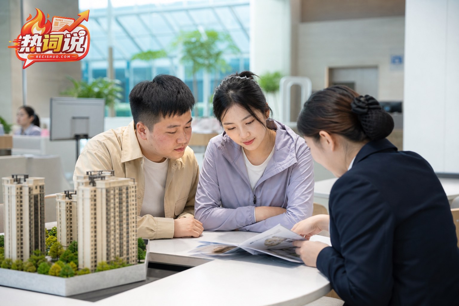 年轻夫妇在住房服务大厅向工作人员咨询住房公积金业务