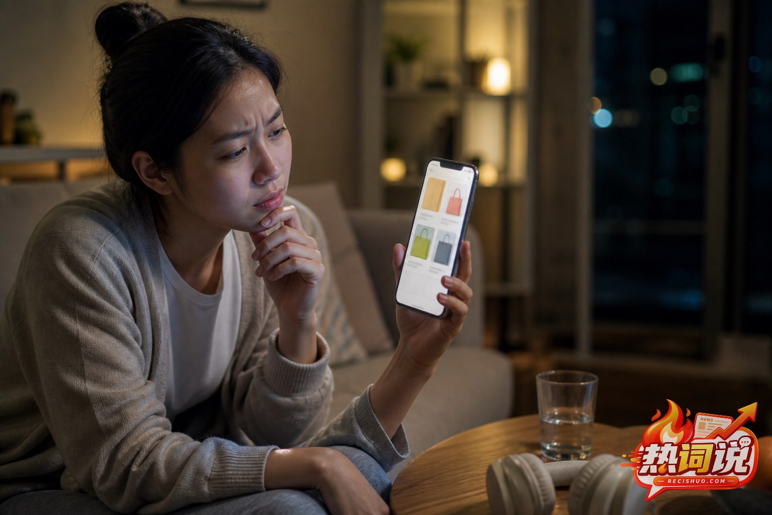 年轻人在夜晚客厅查看手机商品推荐并露出疑惑神情