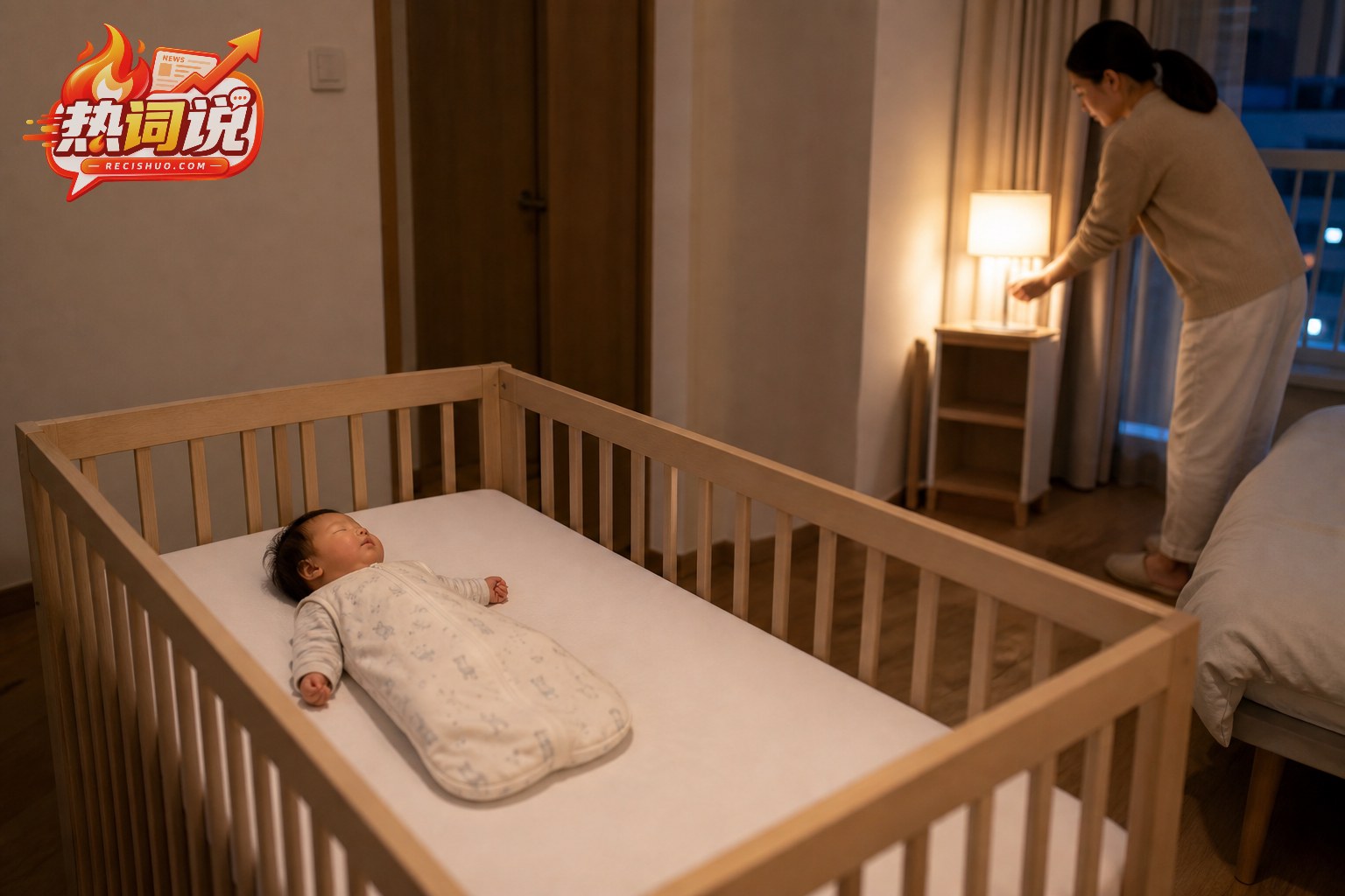 婴儿穿睡袋仰卧在坚实平整且没有松软物品的独立婴儿床中