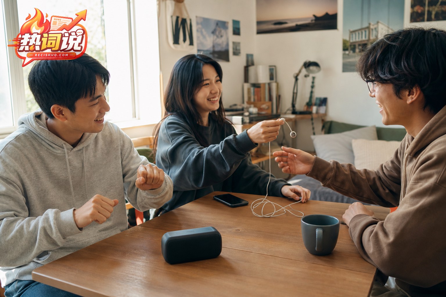 三位年轻朋友在客厅分享耳机并一起听歌