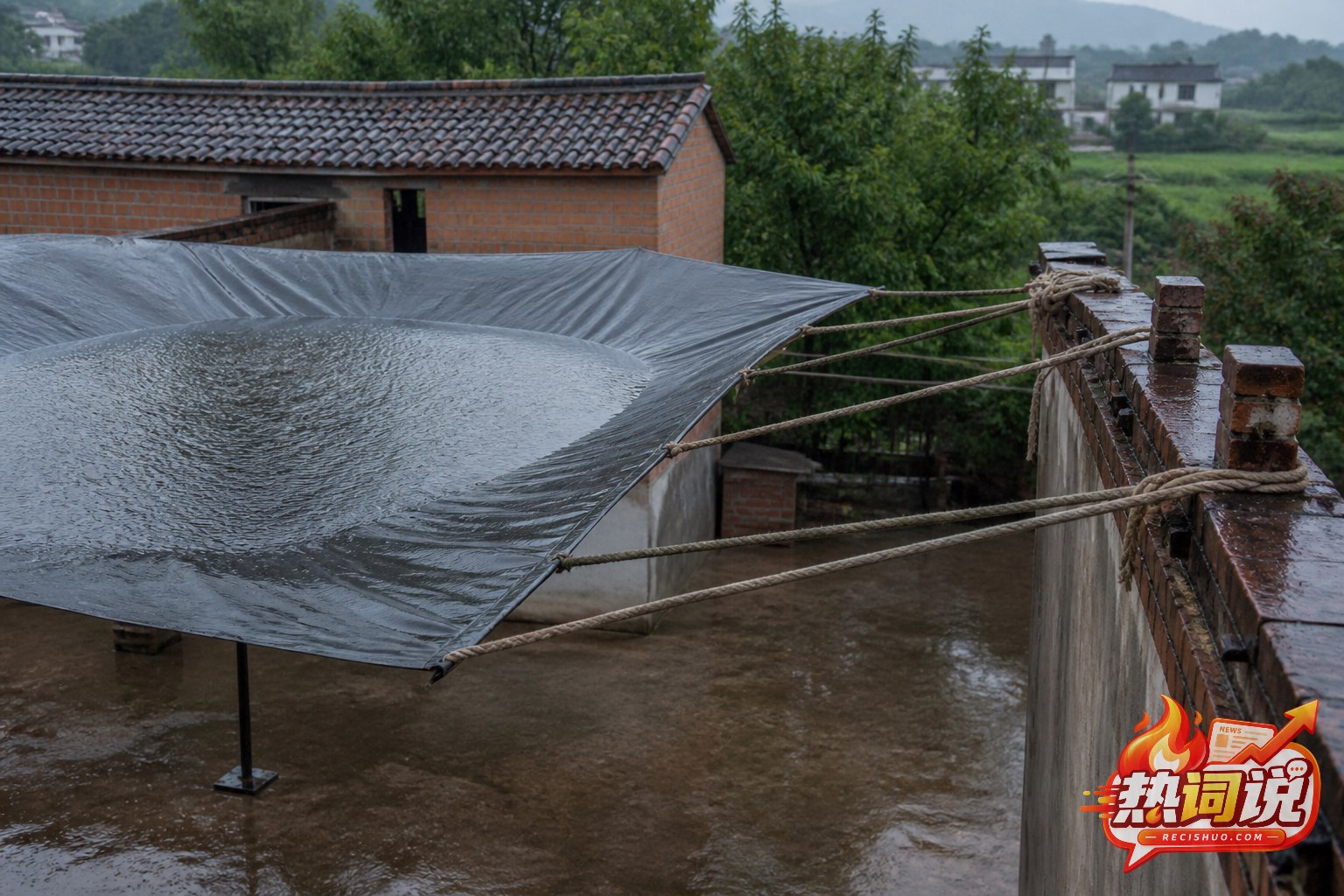 临时防水彩棚积聚雨水,拉绳连接在低矮砖砌女儿墙上的受力场景