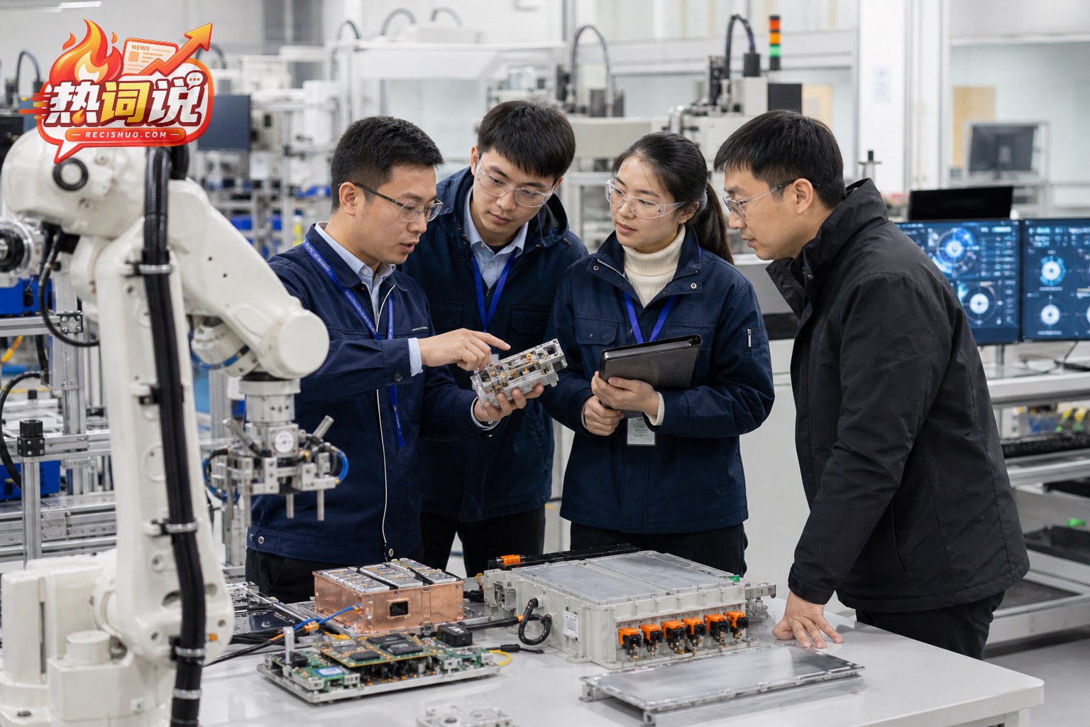 工程师团队在实验生产线上研究工业机器人与电力电子部件