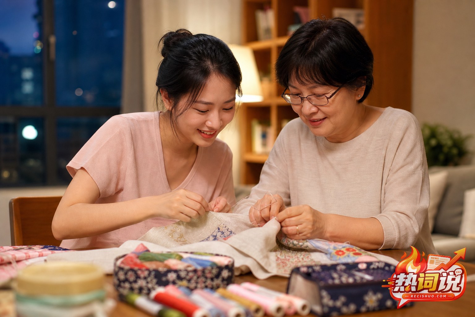 年轻女性与母亲在七夕夜一起做针线手作