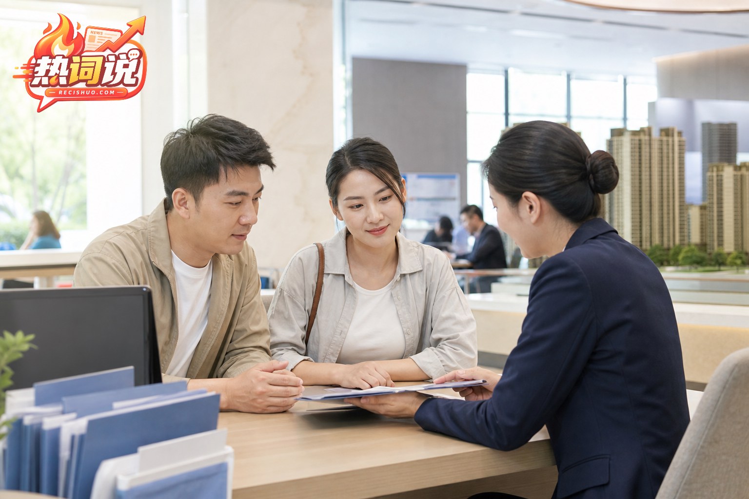 一对年轻夫妇在现代服务大厅向工作人员咨询住房公积金办理事项