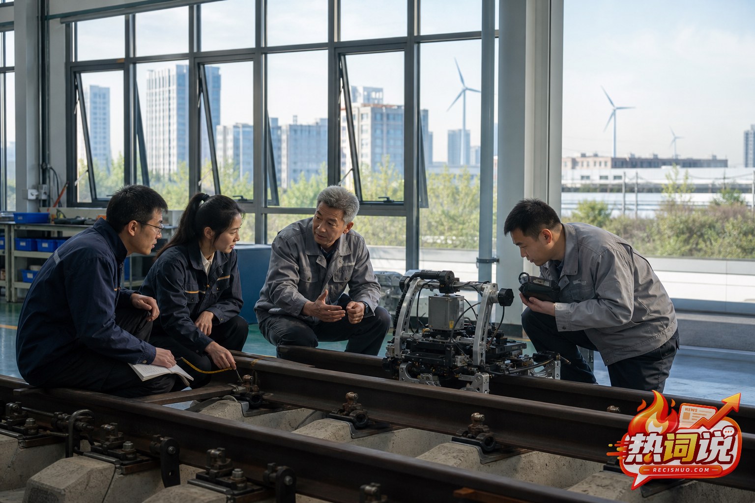 不同年龄的工程技术人员共同检查轨道智能巡检设备
