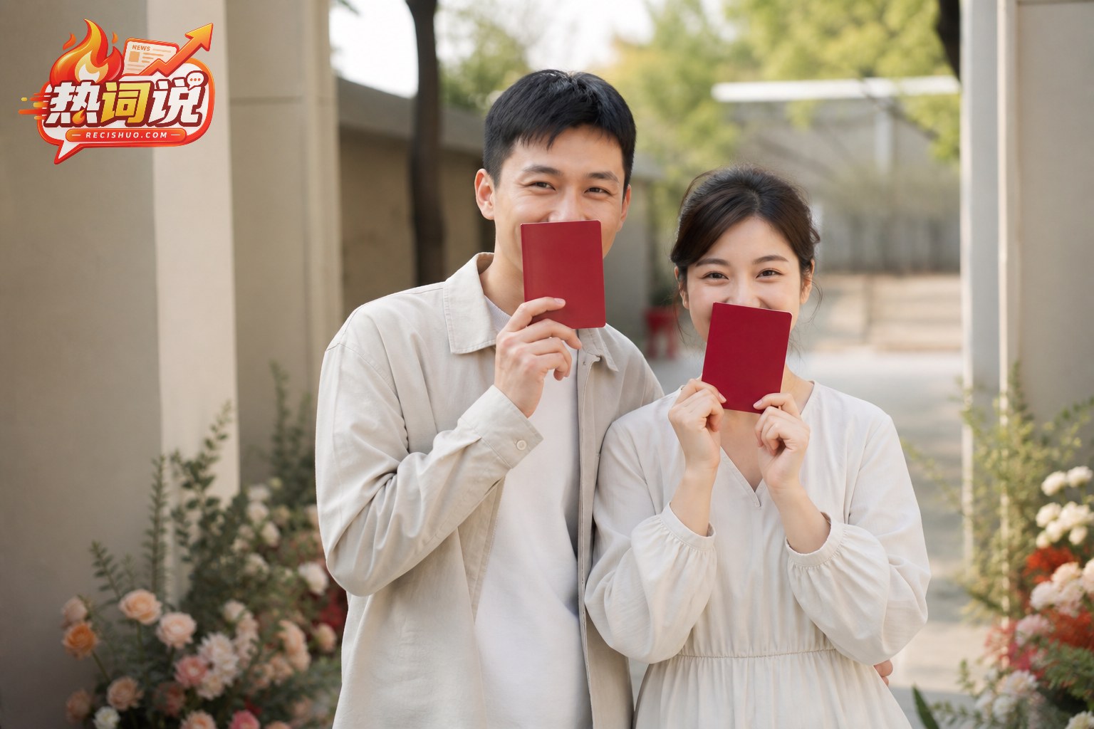 一对中国年轻夫妻在户外并肩微笑并手持无文字红色证件的纪实场景