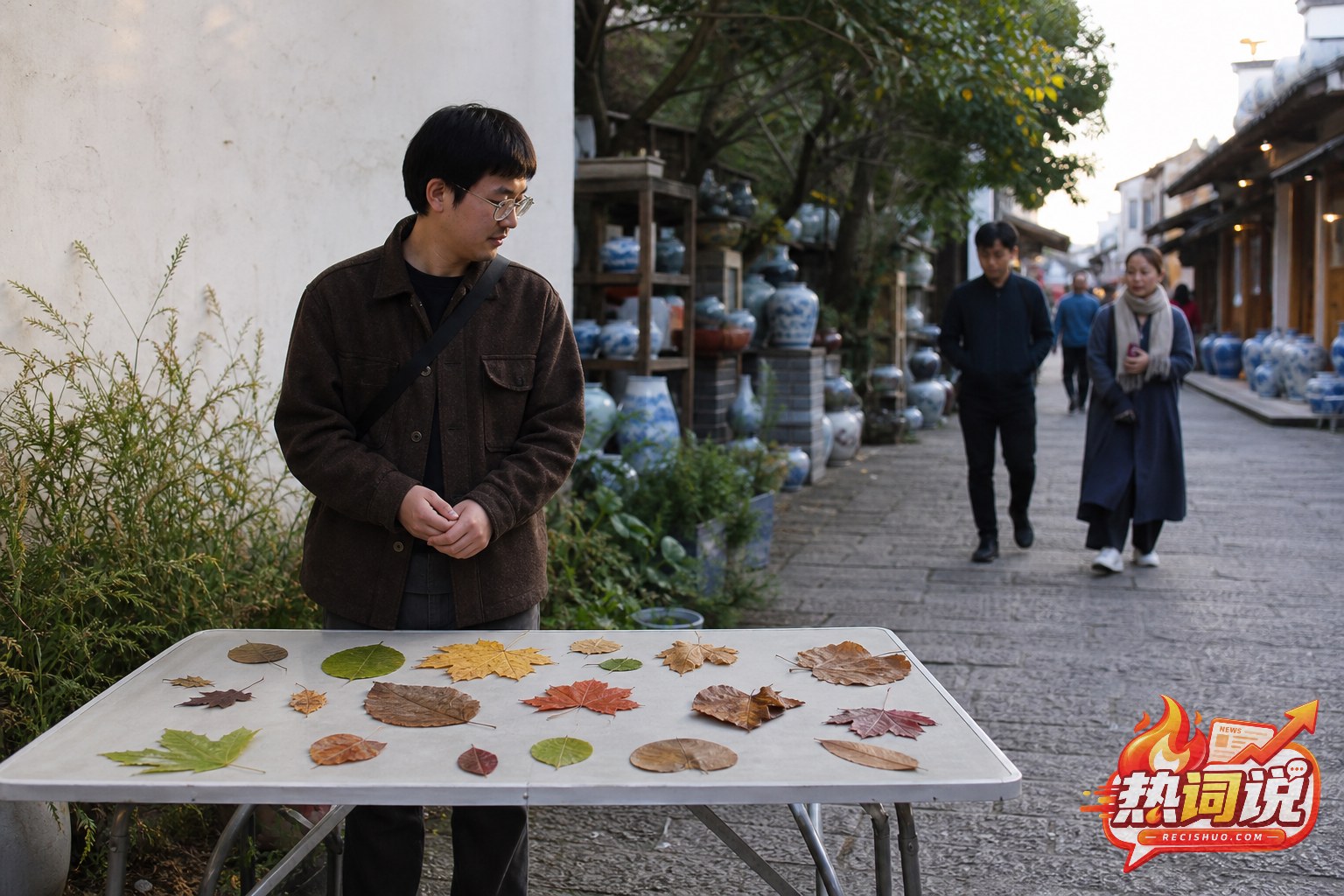 景德镇街巷中男子在摆满不同落叶的桌后等待路人驻足