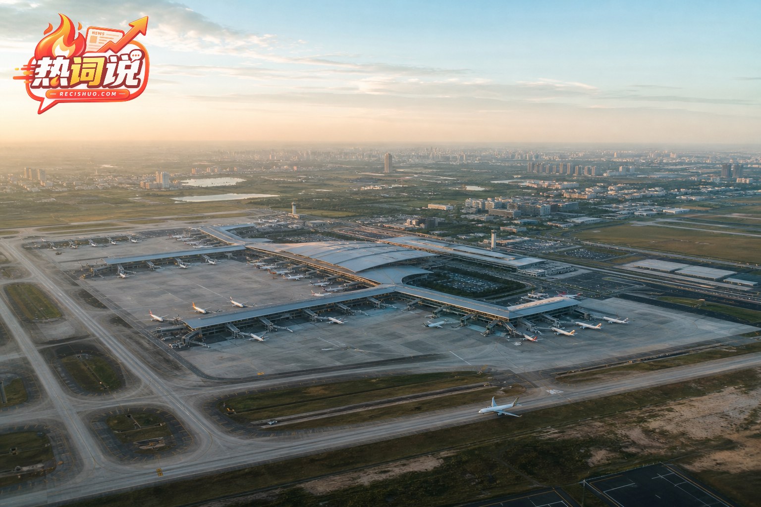 晨光下拥有多条跑道、航站楼及客货机位的现代大型航空枢纽全景