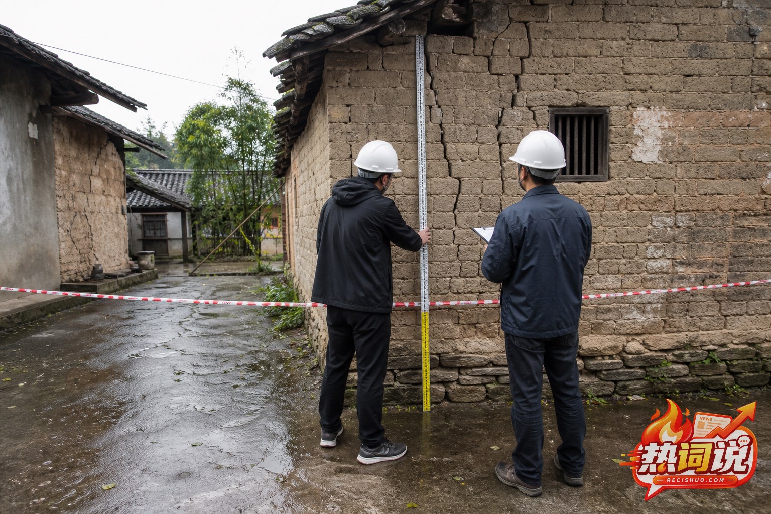 专业人员在警戒线外检查乡村老旧墙体裂缝和倾斜情况的安全排查示意图