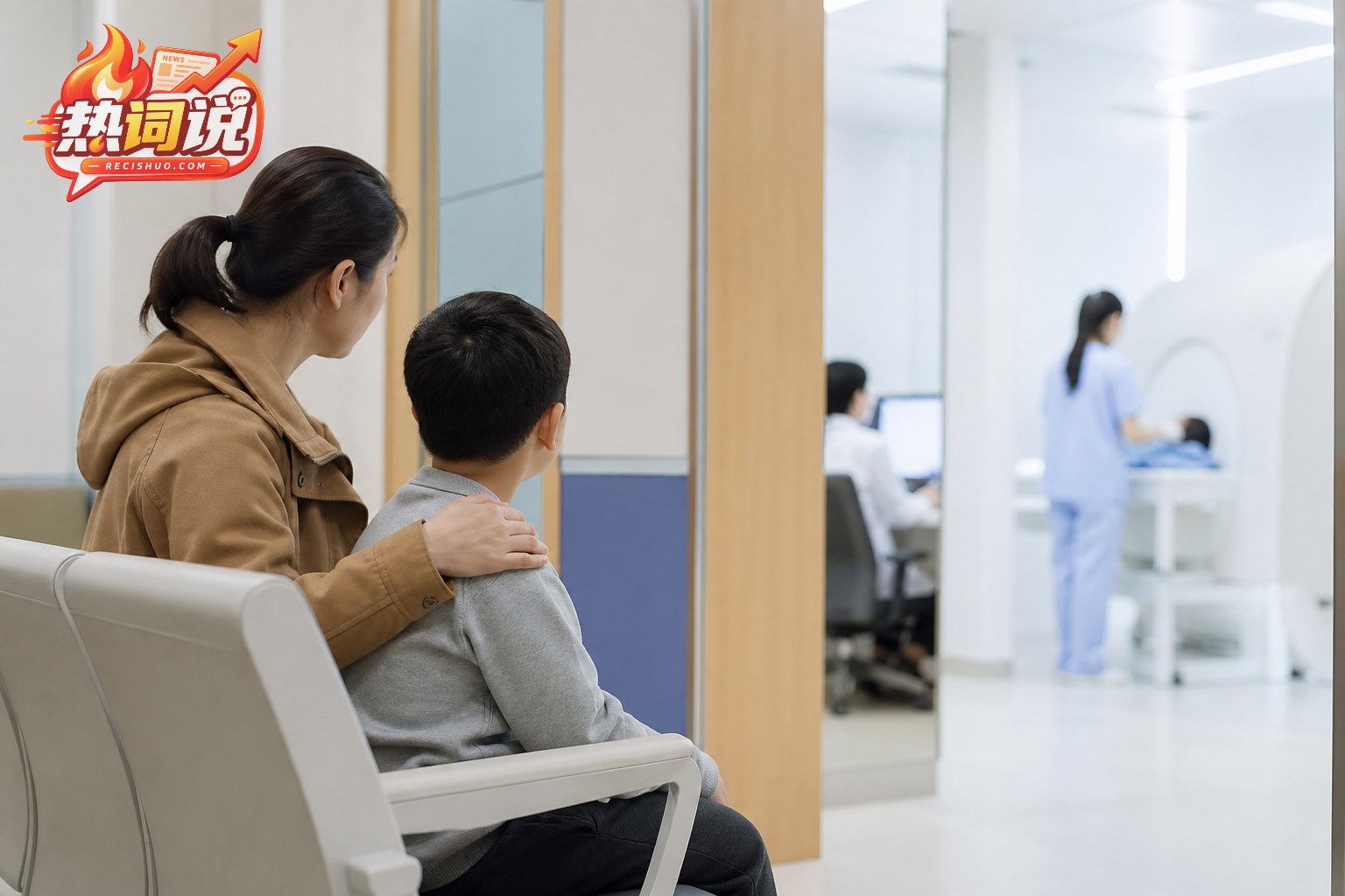 家长陪同孩子在现代医院检查区域外安静等候