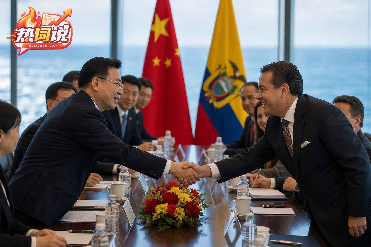 中国与厄瓜多尔双方代表在正式会谈厅友好握手交流