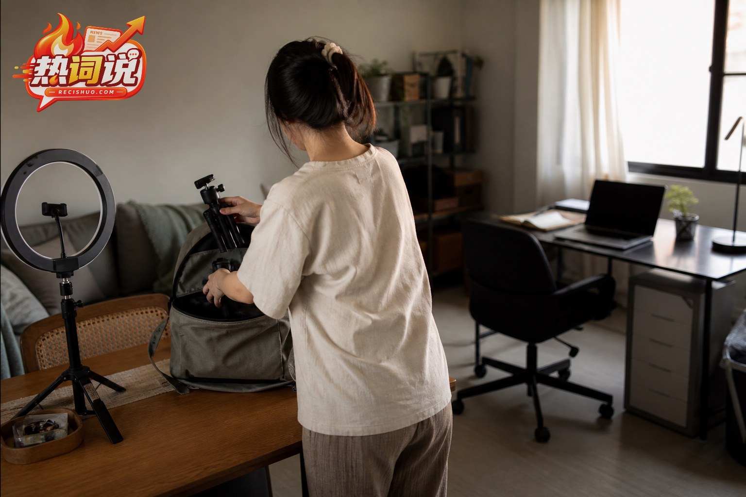 一名内容创作者收起直播设备准备转向日常工作的生活场景