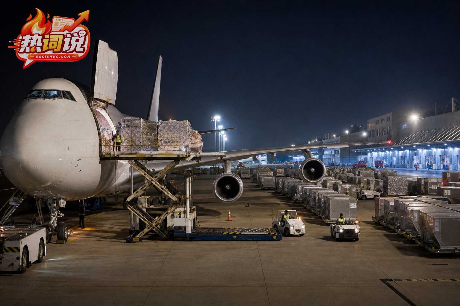 夜间航空货运站内货机装卸集装器并进行地面转运的作业场景