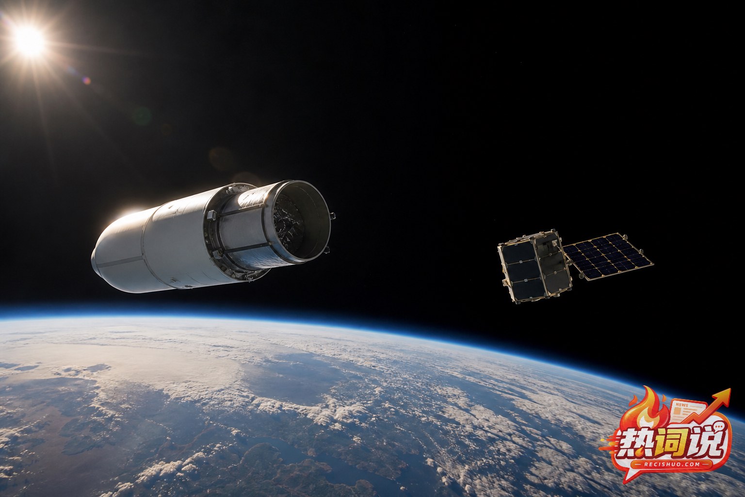 火箭二级在地球轨道释放卫星的太空场景