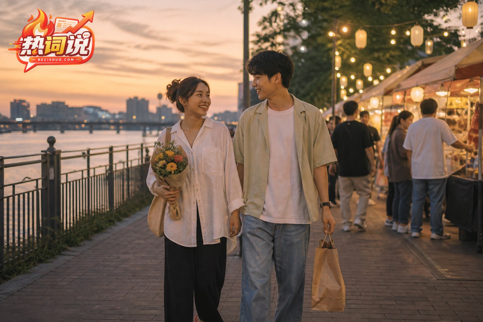 两位年轻人在七夕傍晚的城市河畔市集并肩散步