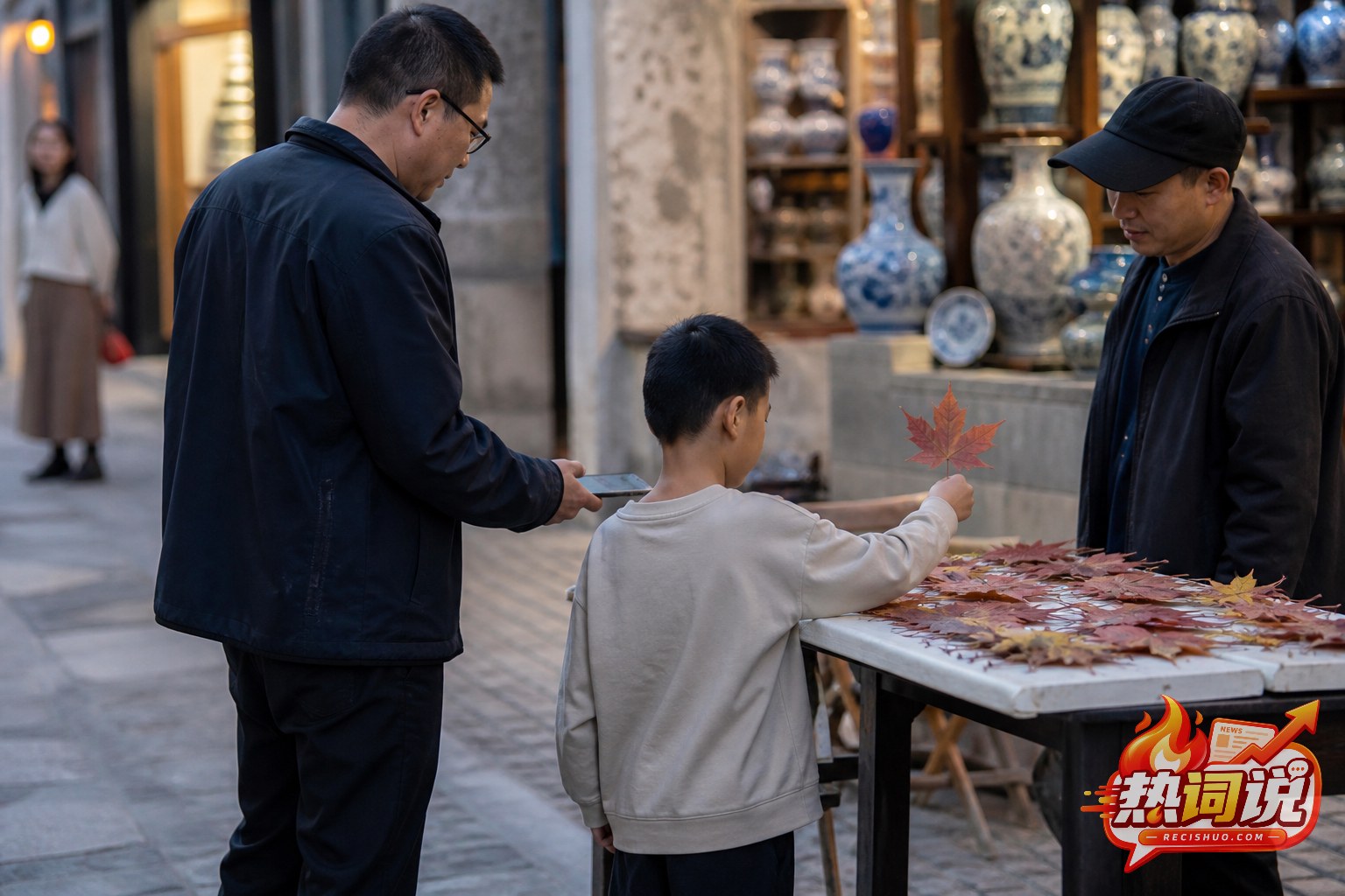 景德镇街巷中父亲陪孩子在摊位前挑选一片红叶