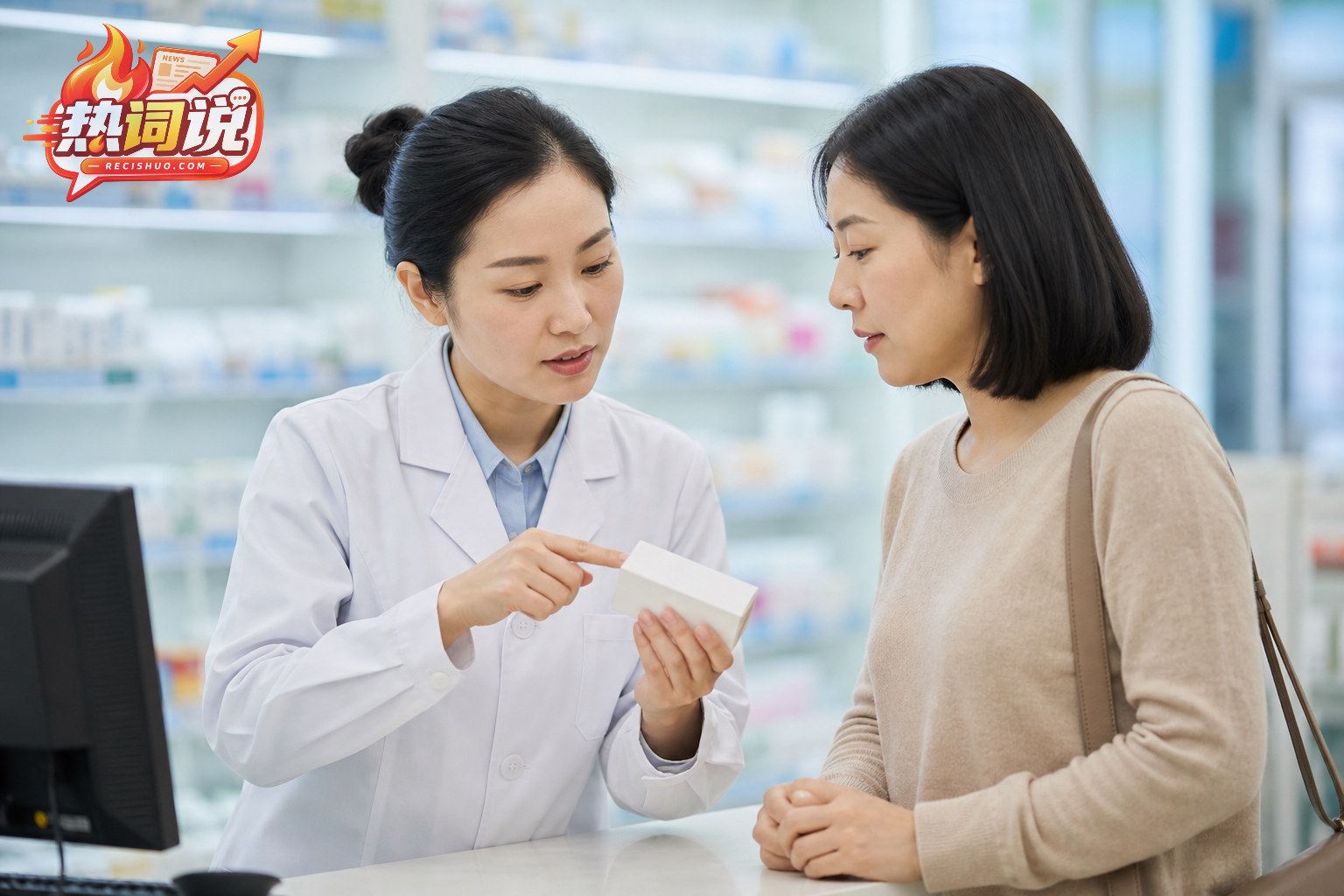 消费者在正规药房向药师咨询并核验药品包装