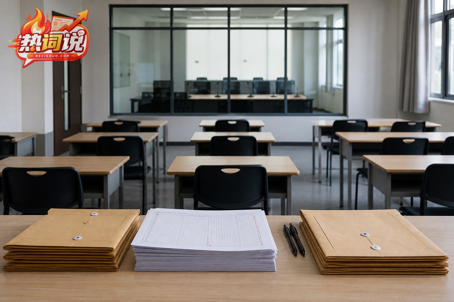 摆放考生材料的空置学校考场与玻璃后的面试室